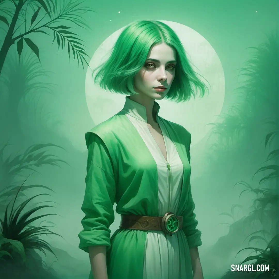 Woman with green hair and a green dress in front of a full moon and palm trees with a green belt. Color Emerald.