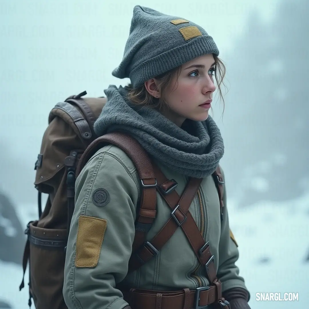 In a winter wonderland, a resilient figure clad in layers braves the elements, poised majestically against the frosty expanse of towering mountains. Wrapped in a warm cloak and sporting a hat, this adventurous spirit stands against a backdrop of snowy mountains, where the glistening snow reflects their adventurous heart, all while carrying a trusty backpack.