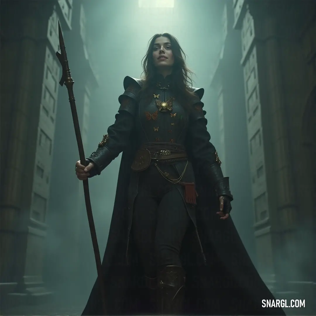 A fierce warrior dressed in a sleek black outfit stands in a dimly lit alleyway, gripping a sword in one hand. The atmosphere is tense, the narrow alley casting long shadows as if hiding unseen dangers.