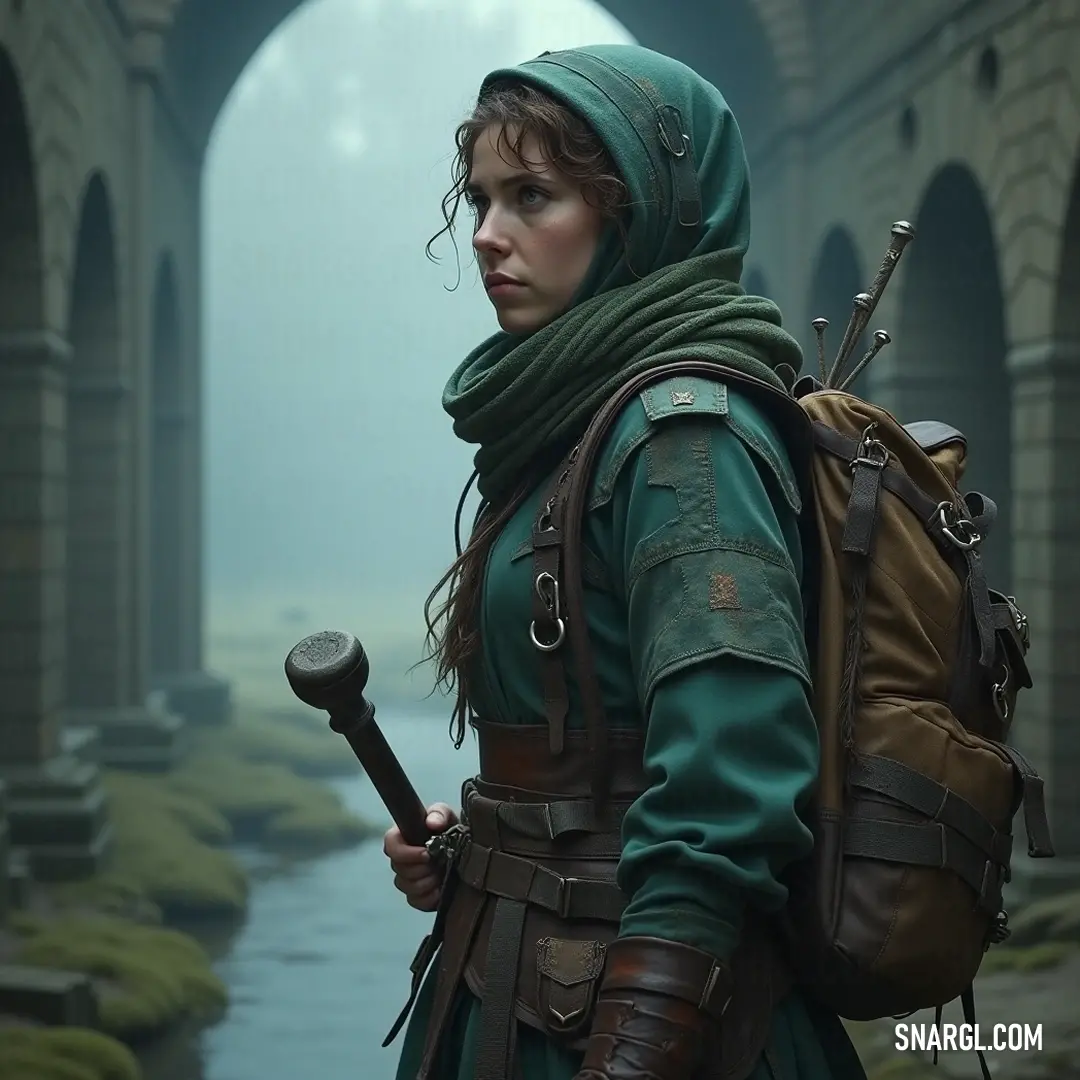 Surrounded by fog and history, a figure in green wields a hammer, captured in a moment of anticipation beneath towering ancient arches. In an ethereal mist, a determined character, clad in a striking green outfit, holds a hammer with a backpack slung over one shoulder, the ancient arches looming like sentinels of forgotten tales.