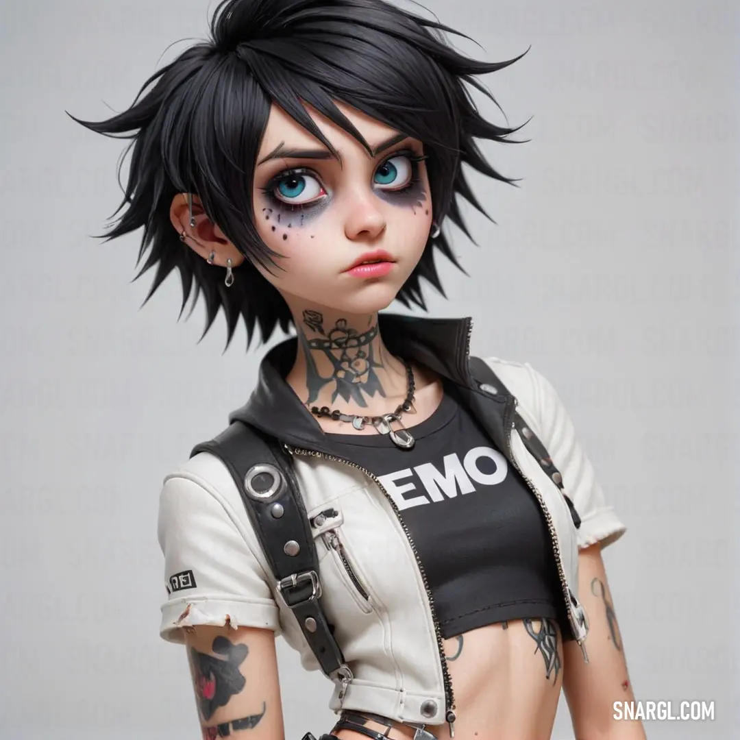 Doll with a black hair and tattoos on her face and chest