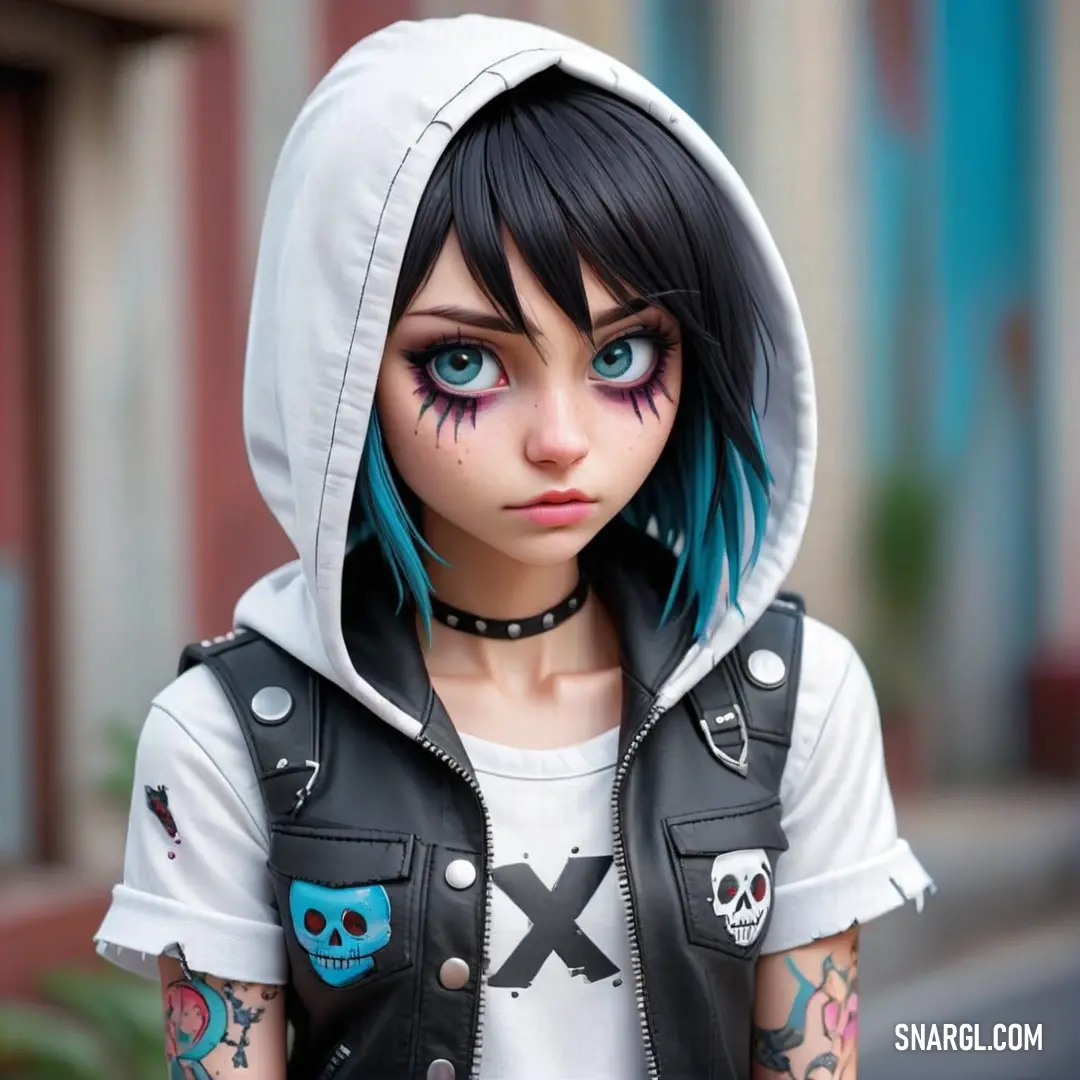 Doll with blue hair and a hoodie on is standing in front of a building with a skull on it