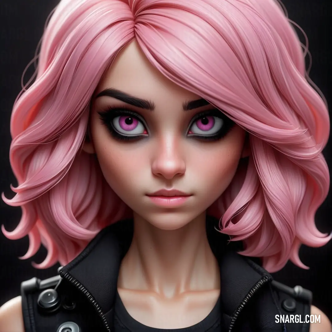 Doll with pink hair and black eyes and a black top with a black vest on it's chest