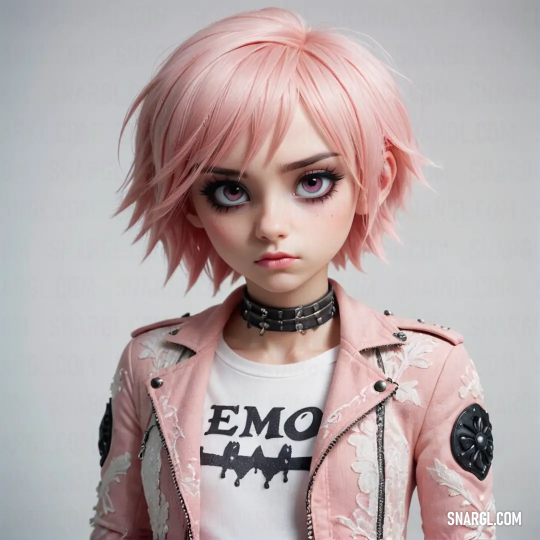 Doll with pink hair and a pink jacket on a gray background