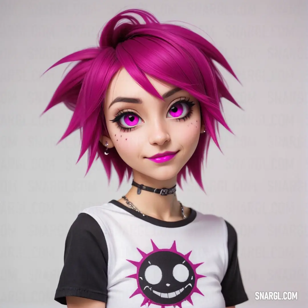 Doll with pink hair and a black shirt with a skull on it's chest and a black choker around its neck