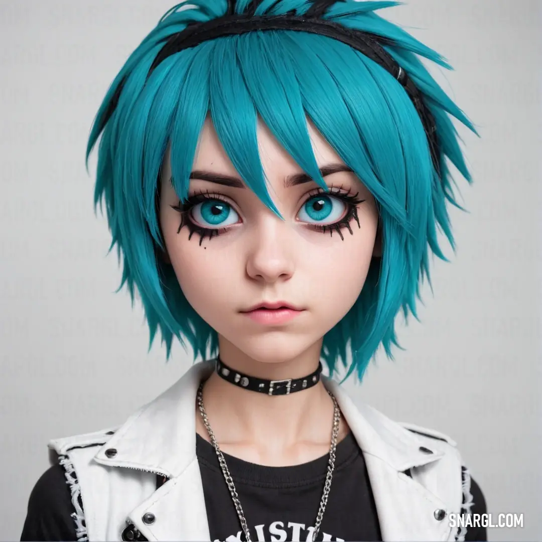 Girl with blue hair and black eyes wearing a white jacket and black choker with black spikes on her head