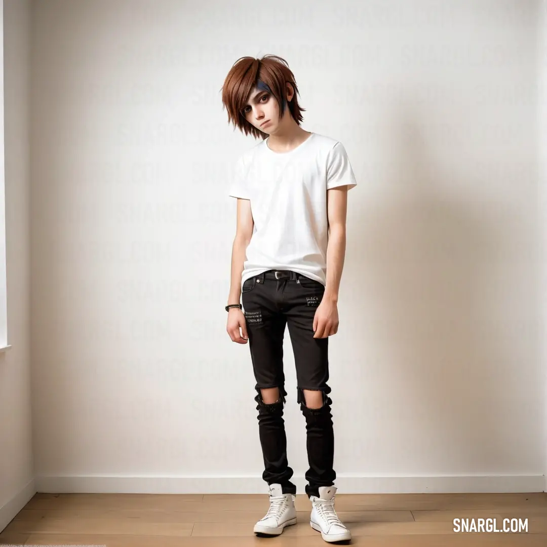 Man standing in a room with a white shirt and black ripped jeans on his knees
