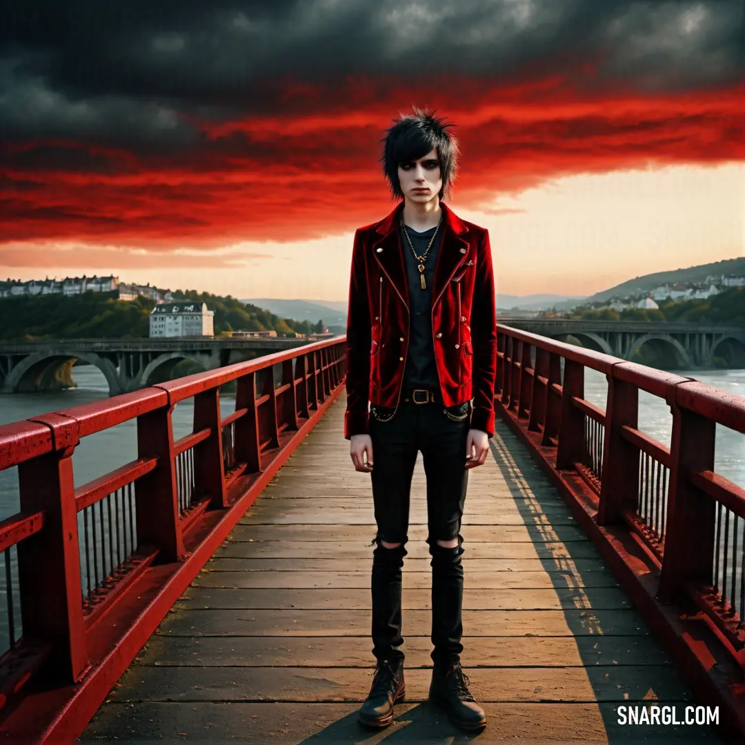 Man standing on a bridge with a red sky in the background