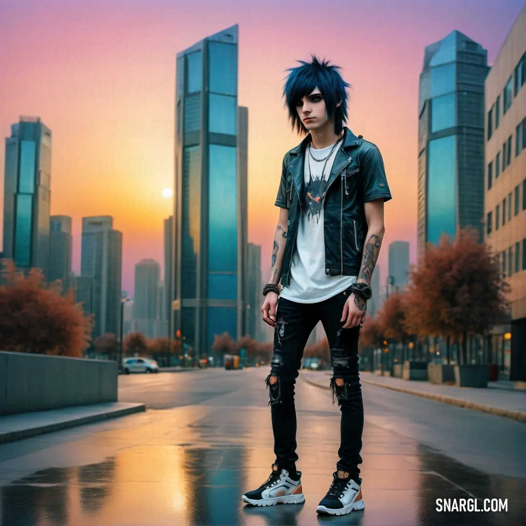 Man with black hair and a white shirt and black pants standing in the middle of a street with tall buildings