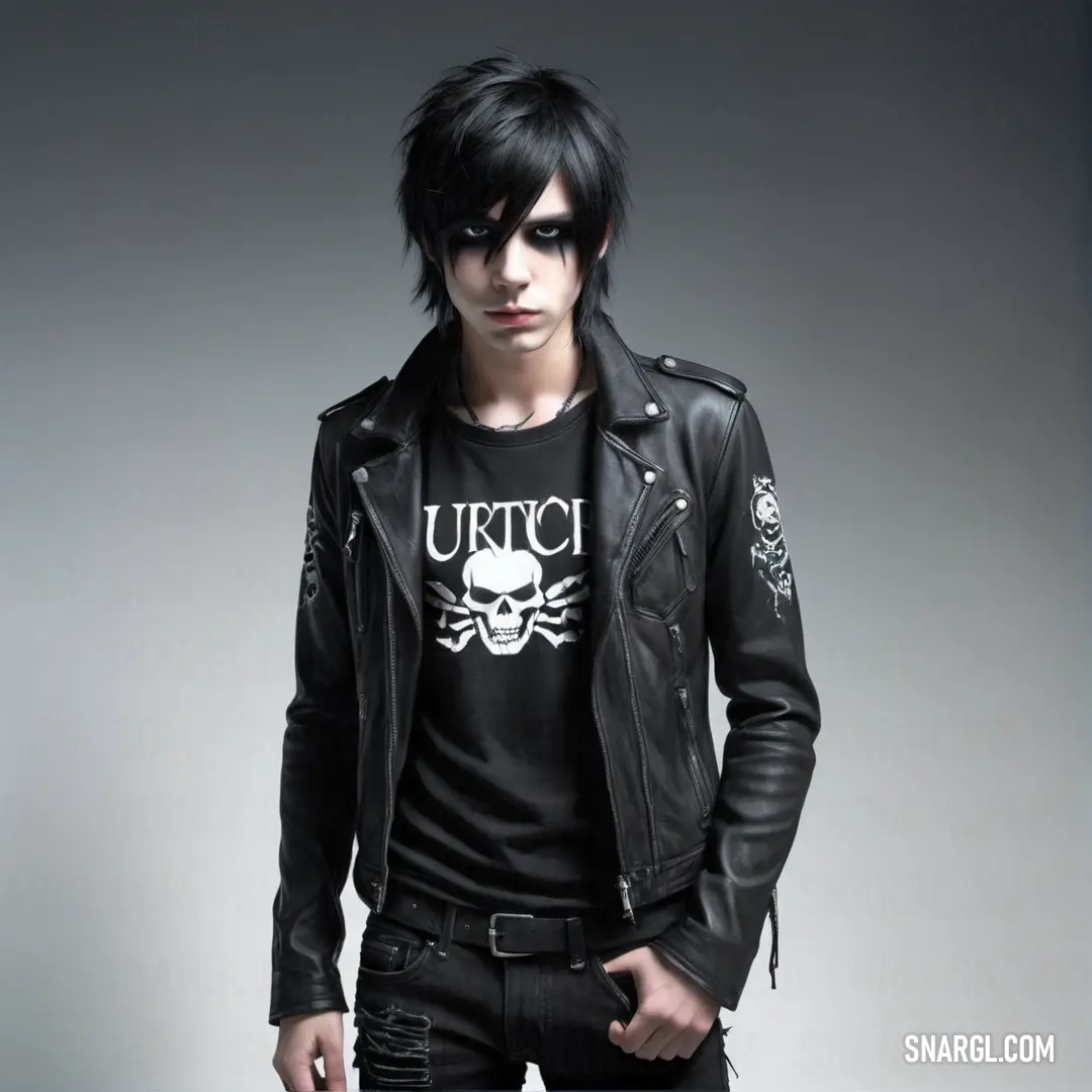 Man with black hair wearing a black leather jacket and skull t - shirt