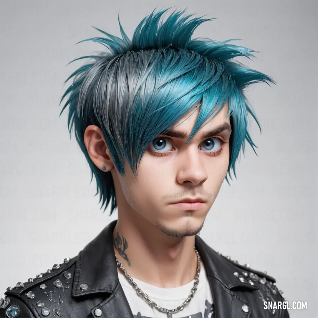 Man with blue hair and piercings wearing a leather jacket and a necklace on his neck