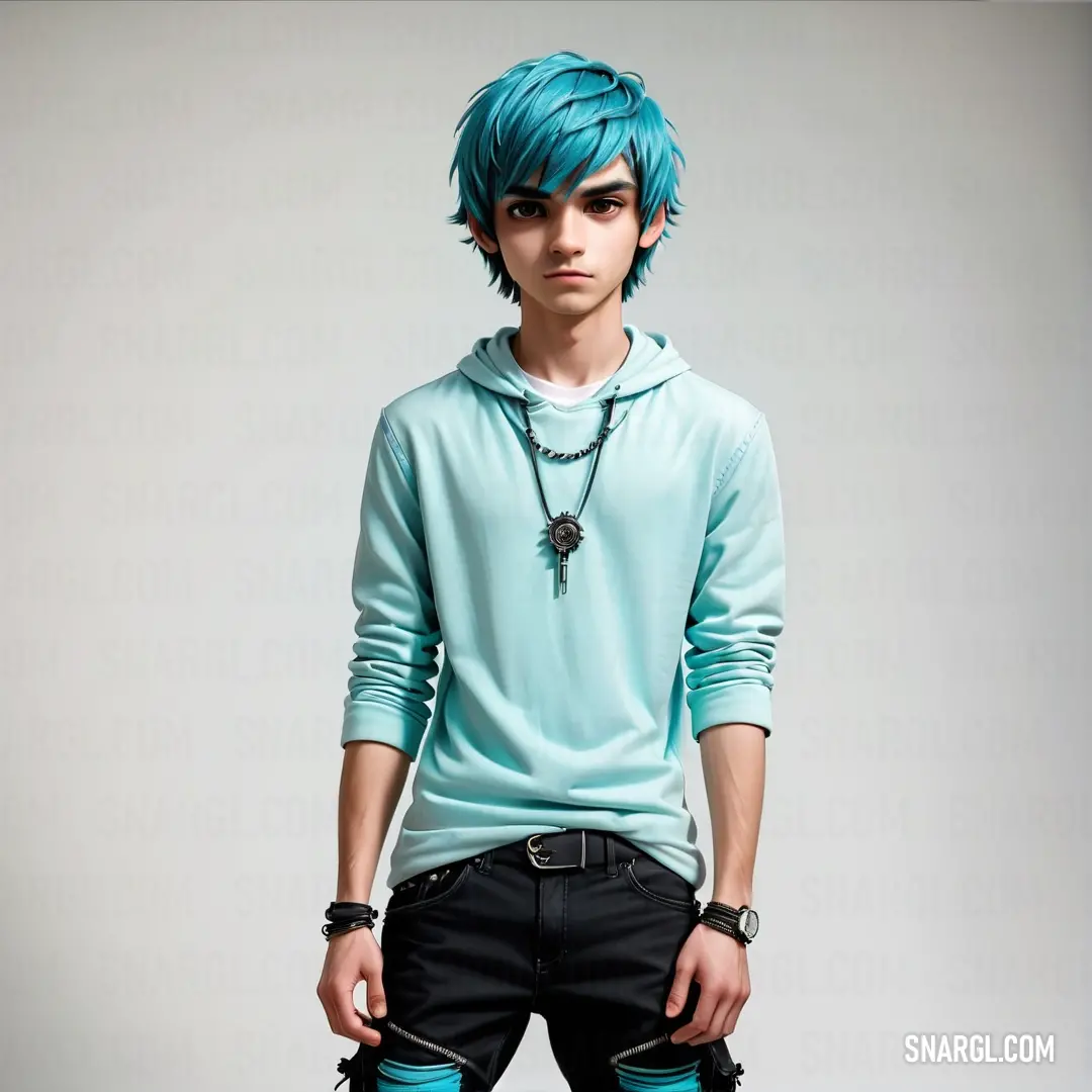 Man with blue hair and a blue hoodie is posing for a picture with his hands in his pockets