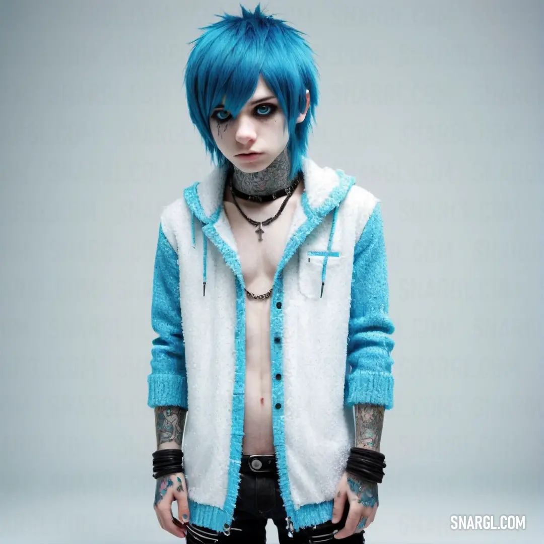 Man with blue hair and piercings wearing a blue and white sweater and black pants and a cross necklace