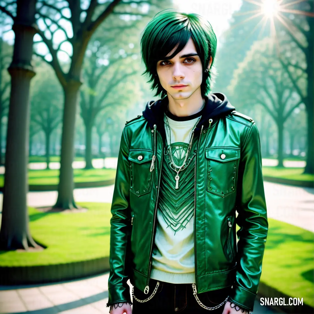 Man with green hair wearing a green jacket and black pants and a white shirt