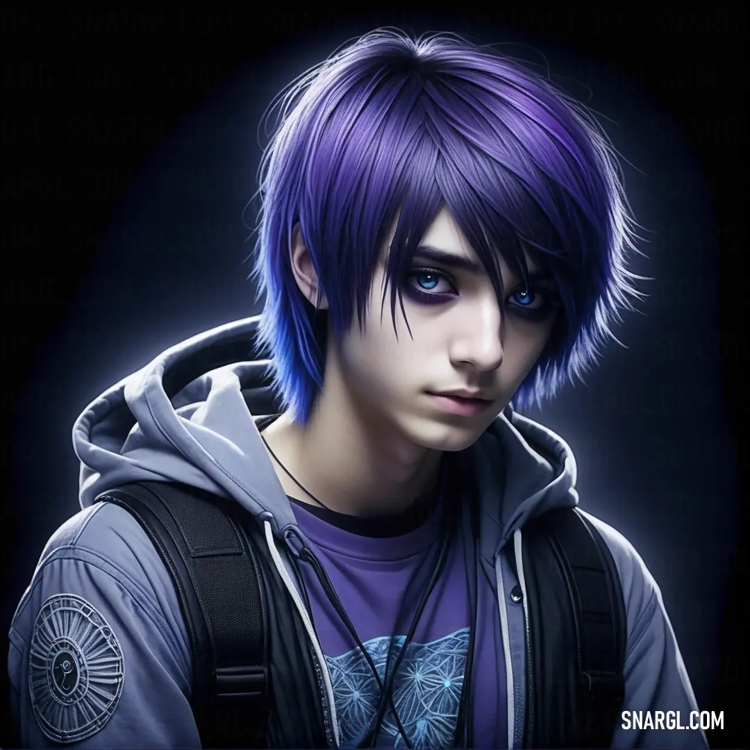 Man with purple hair and a hoodie on