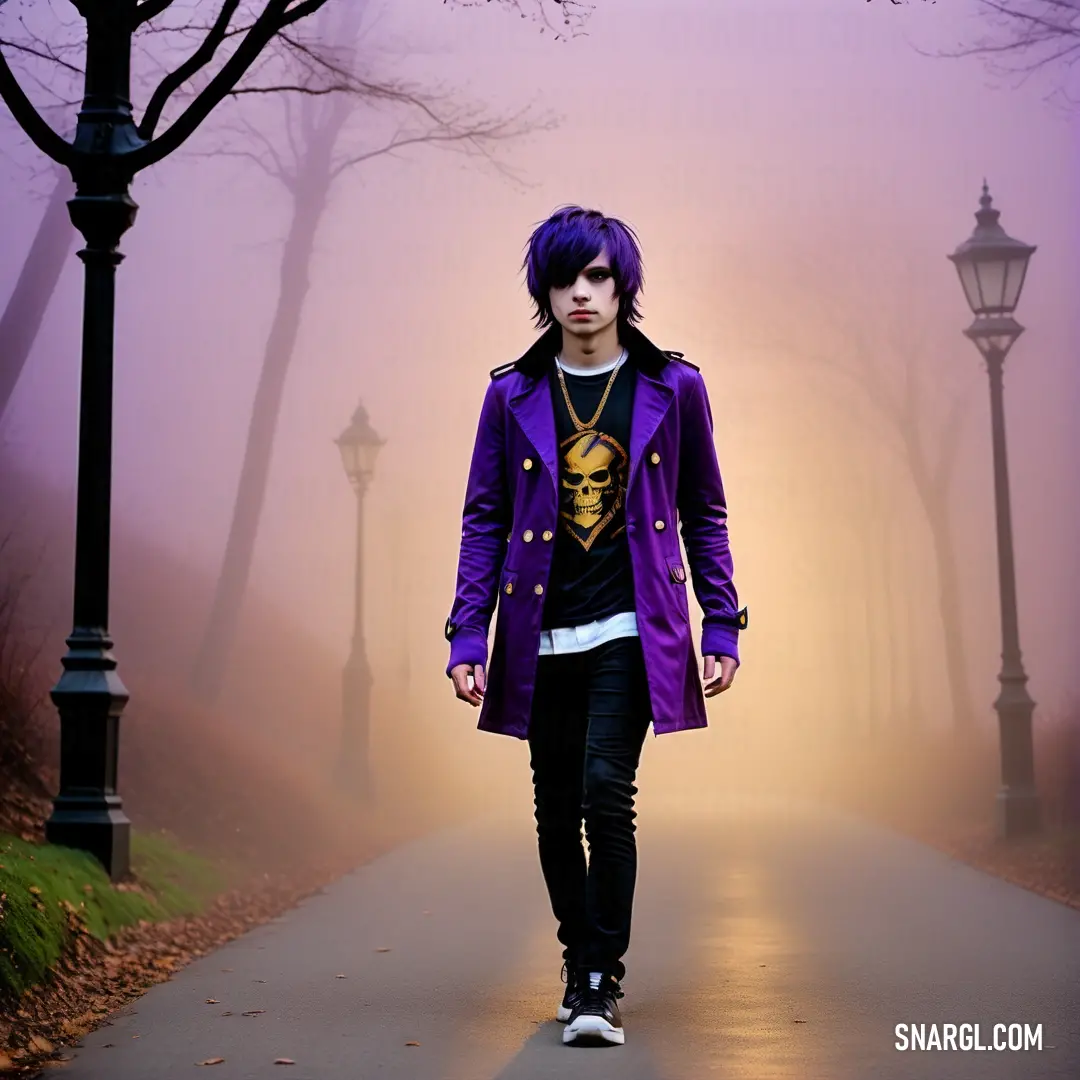 Man with purple hair walking down a street in a purple coat and black pants with a skull on it