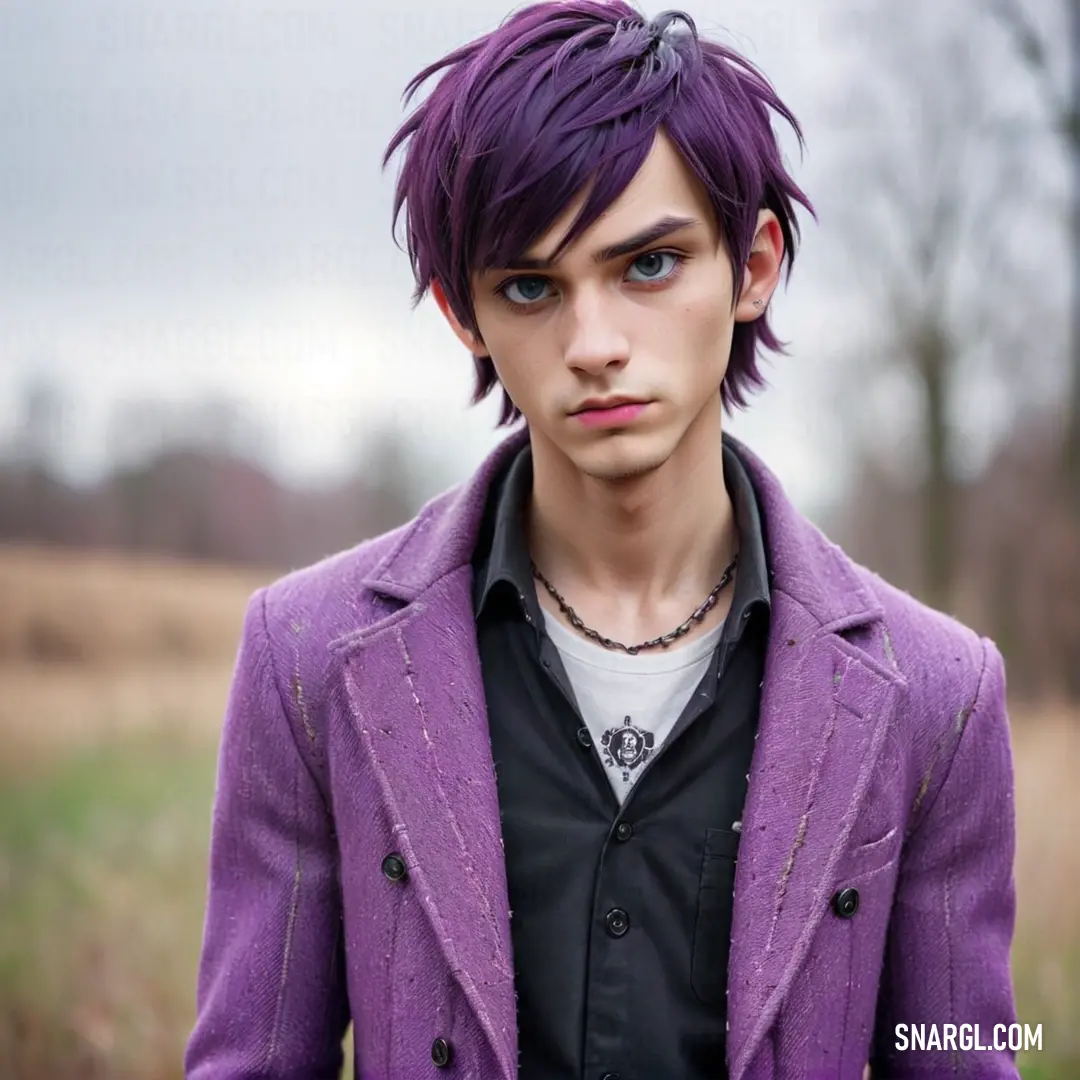 Man with purple hair and a black shirt and a purple jacket and a black shirt