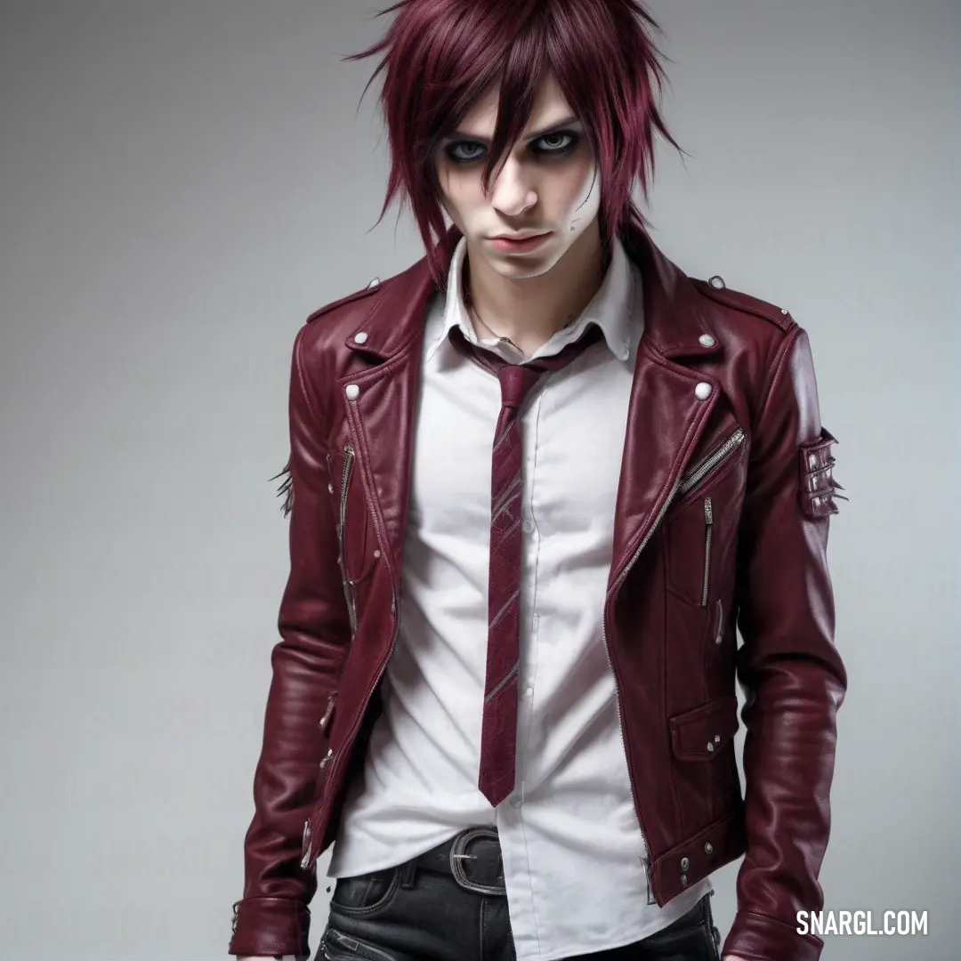 Man with red hair wearing a red leather jacket and tie with a white shirt and black pants