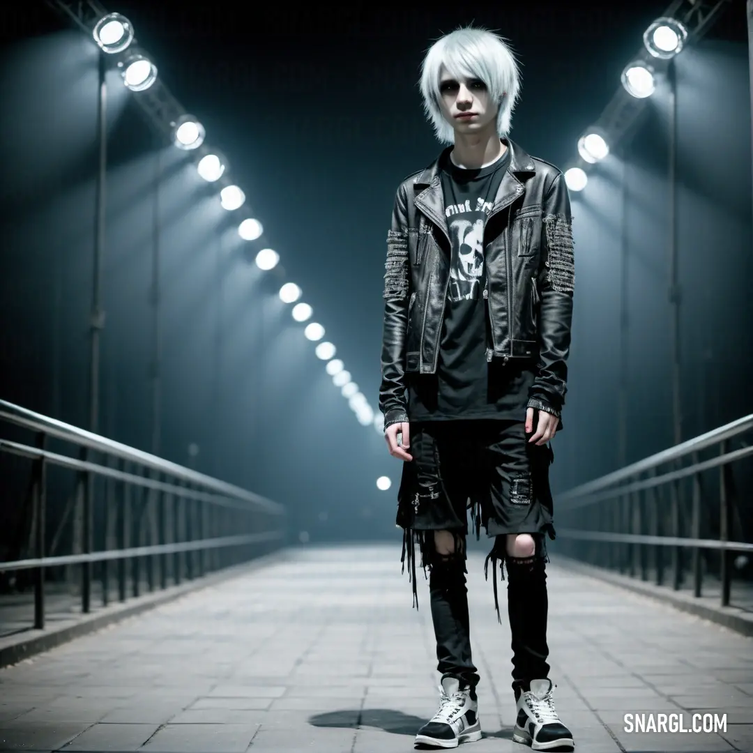 Man with white hair and black clothes standing on a bridge at night with lights on the sides of the bridge