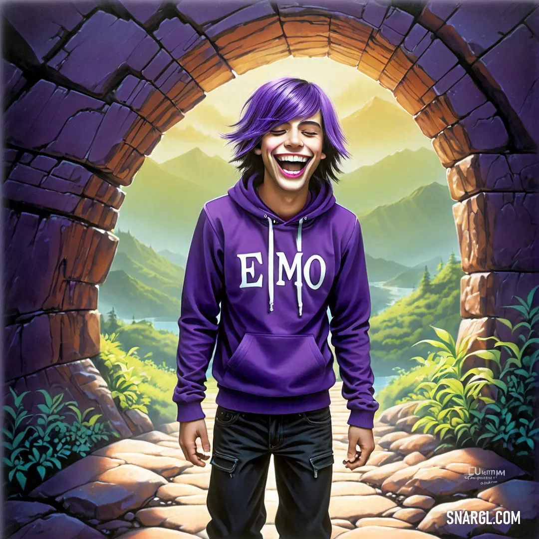 Painting of a man with purple hair and a purple sweatshirt smiling in front of a tunnel with a mountain and forest scene