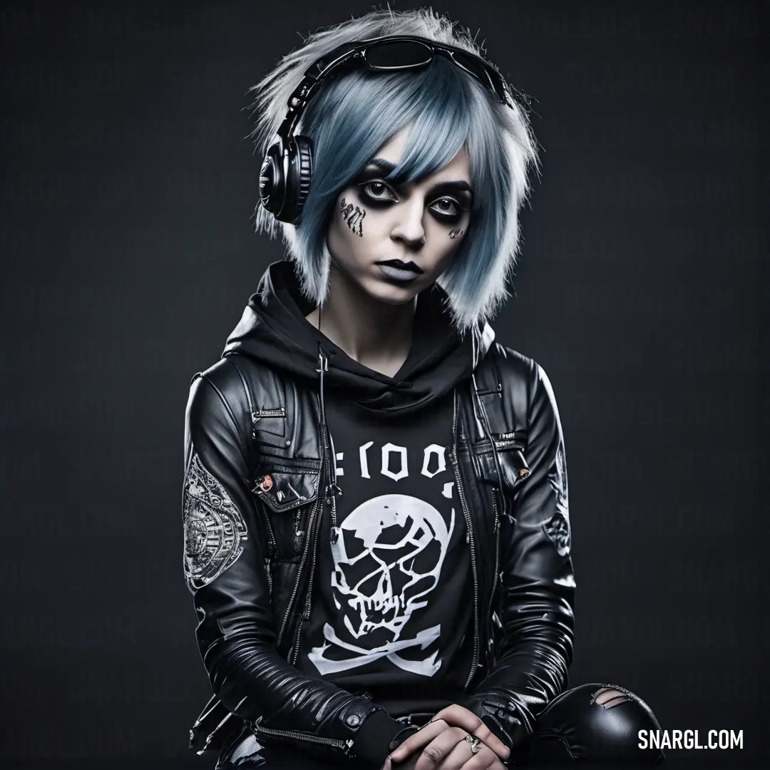 Person with blue hair and a skull shirt on down with headphones on their ears