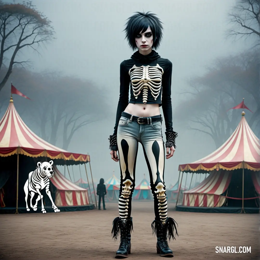 Woman in skeleton makeup and skeleton makeup is standing in front of a circus tent
