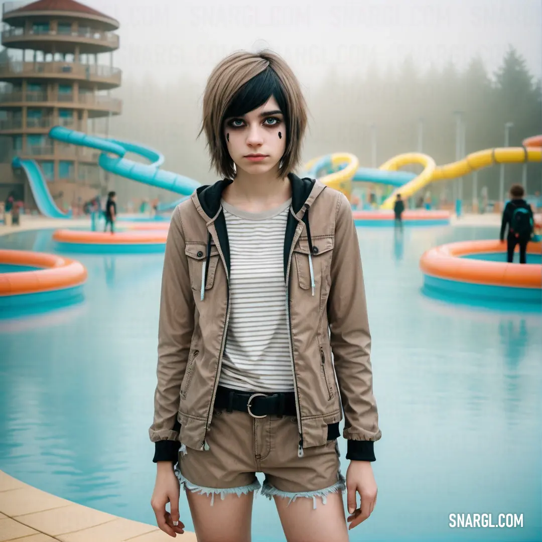 Woman standing in front of a pool with a slide in the background