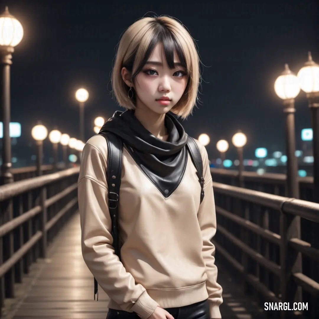 Woman standing on a bridge at night with a scarf around her neck and a black leather backpack on her shoulder