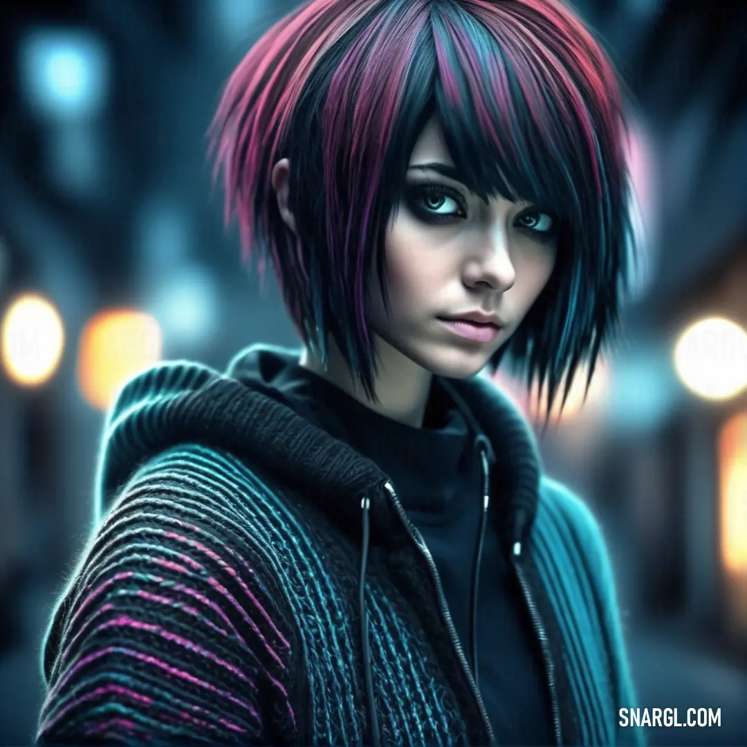Woman with a colorful hair and a hoodie on is looking at the camera with a serious look on her face