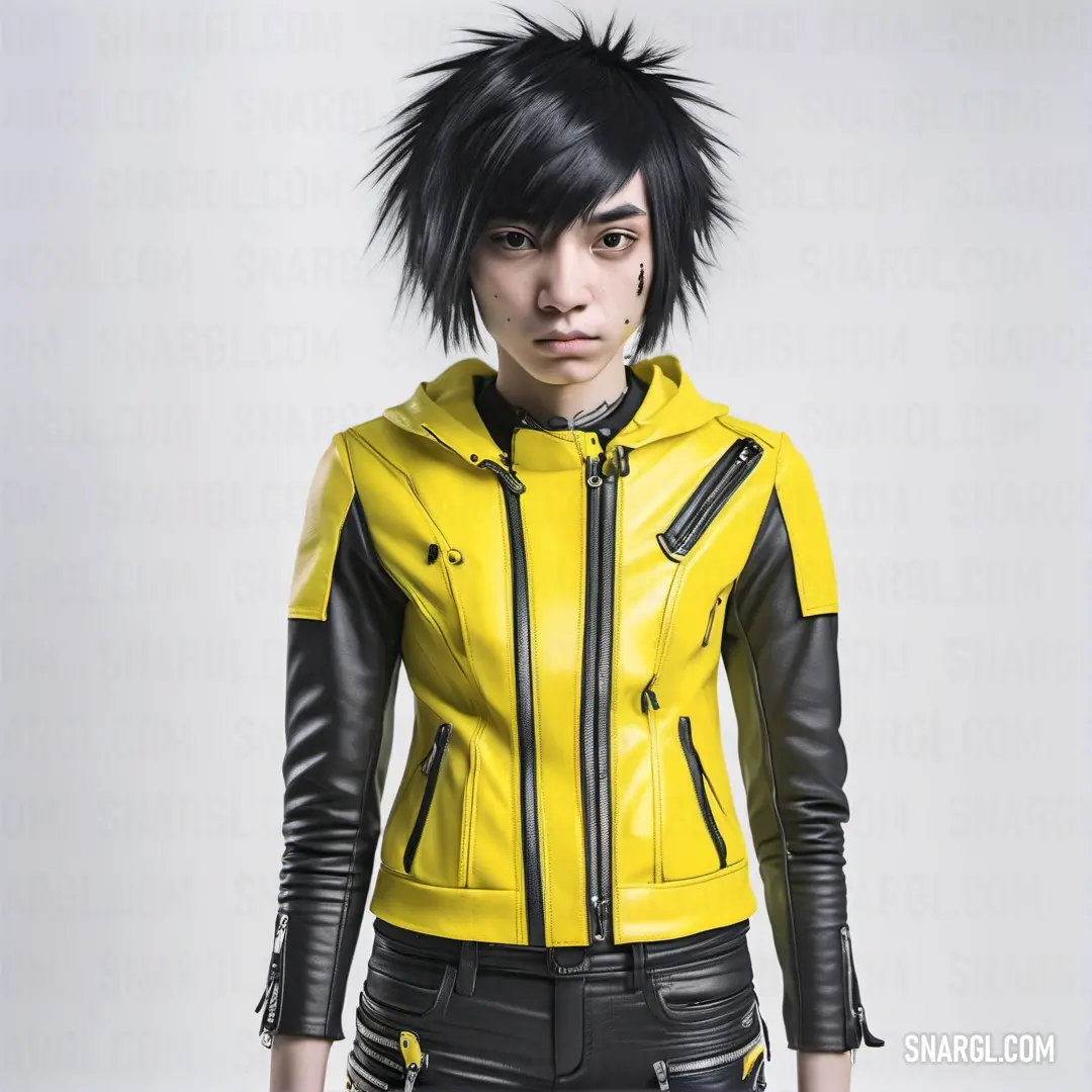 Woman with a yellow jacket and black hair wearing black pants and a yellow jacket