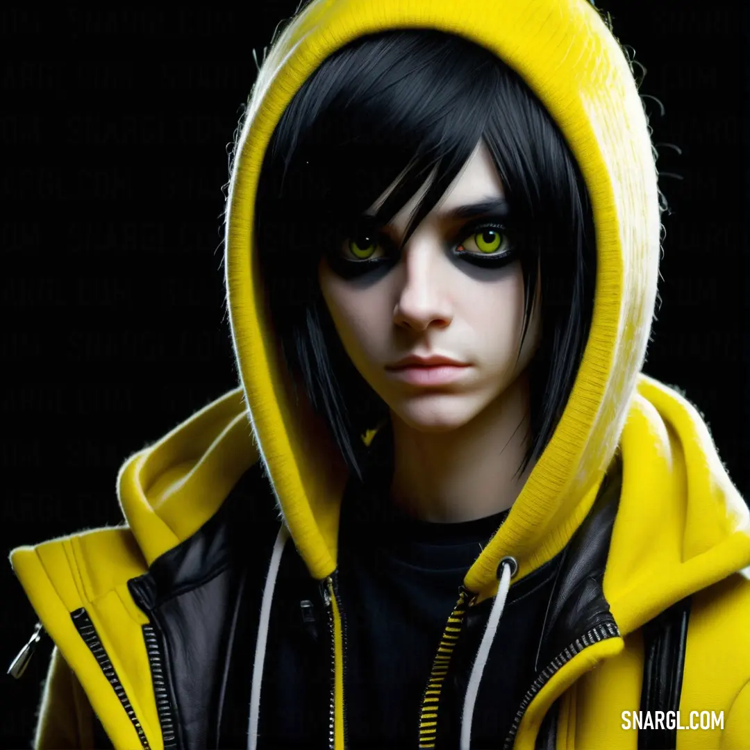 Woman with black hair and yellow hoodie with green eyes and black hair and black eyes