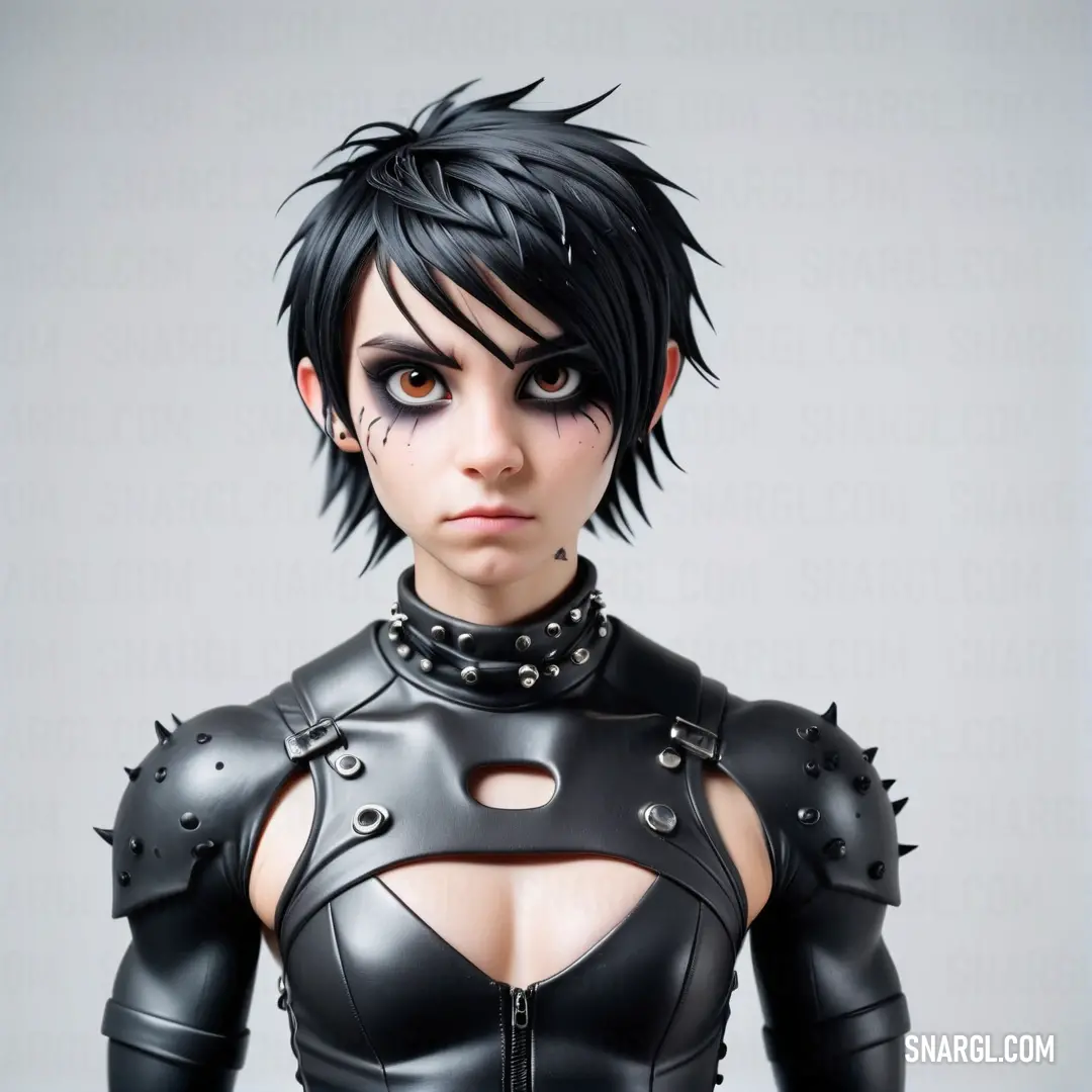Woman with black hair and leather outfit with spikes on her chest
