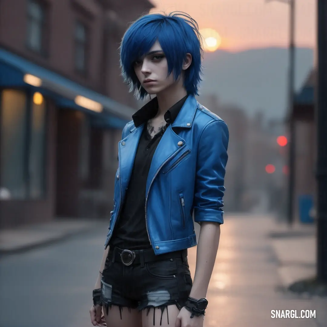 Woman with blue hair and a leather jacket on a street corner at sunset or dawn with a street light in the background