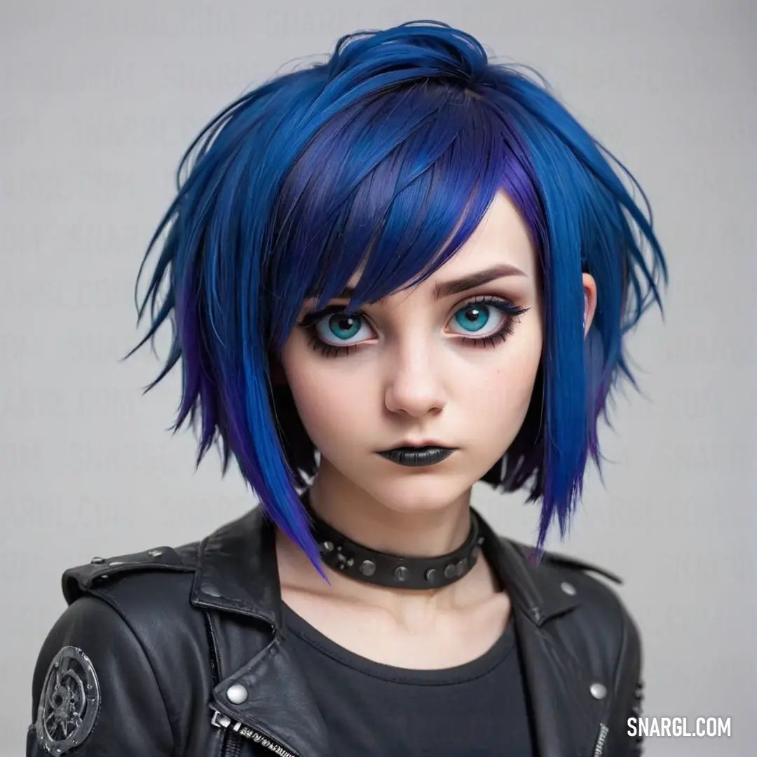 Woman with blue hair and black leather jacket with piercings on her ears