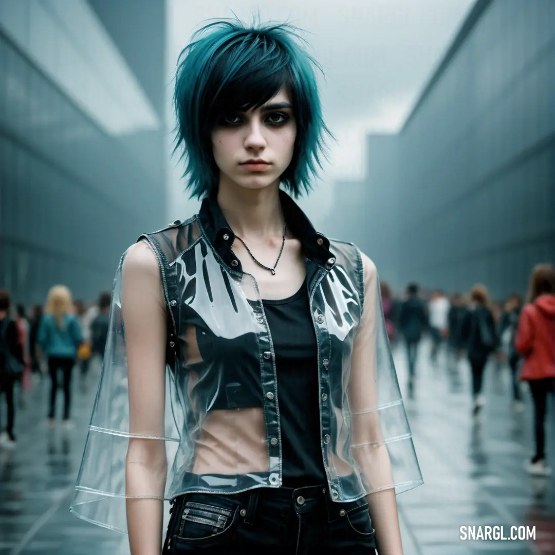 Woman with blue hair and a black top is standing in a hallway with people walking around her and wearing black pants
