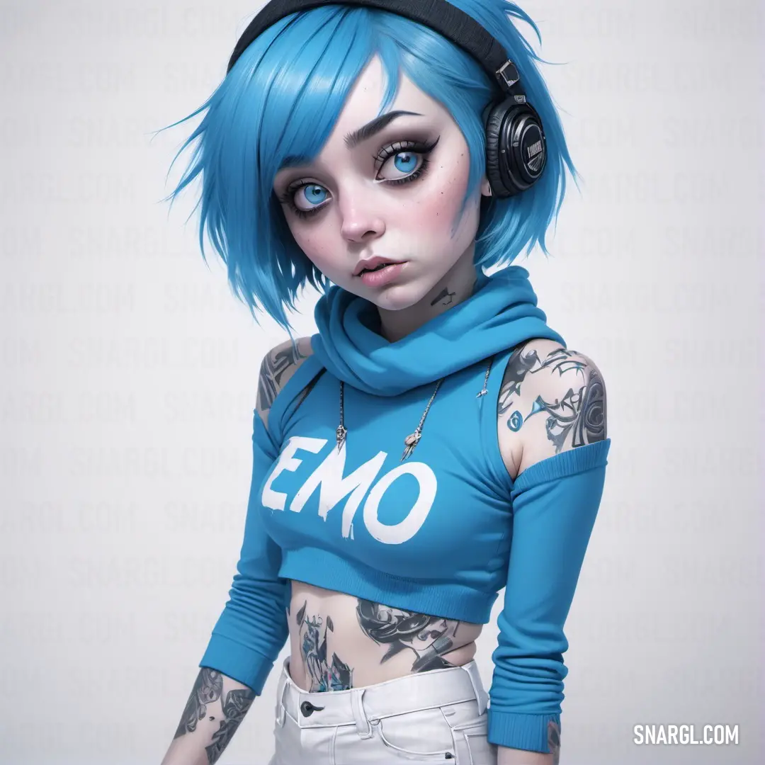 Woman with blue hair wearing headphones and a blue shirt with emo written on it and a tattoo on her arm