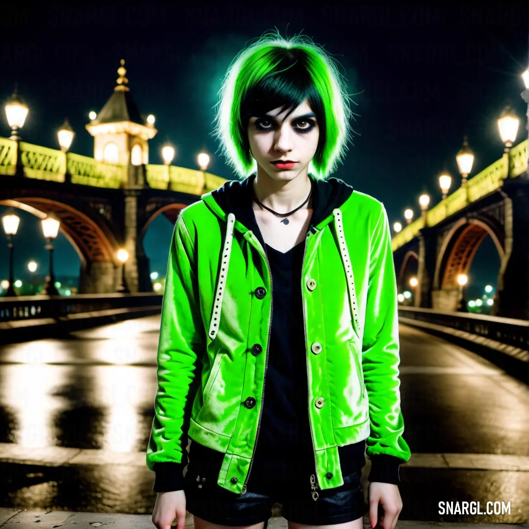 Woman with green hair and a green jacket on standing in front of a bridge at night with lights