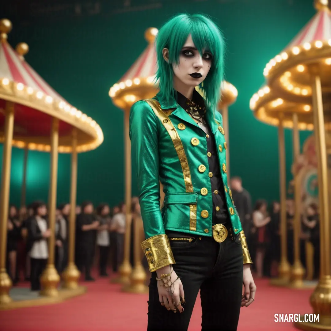 Woman with green hair and black pants standing in front of a carousel with lights on it's sides