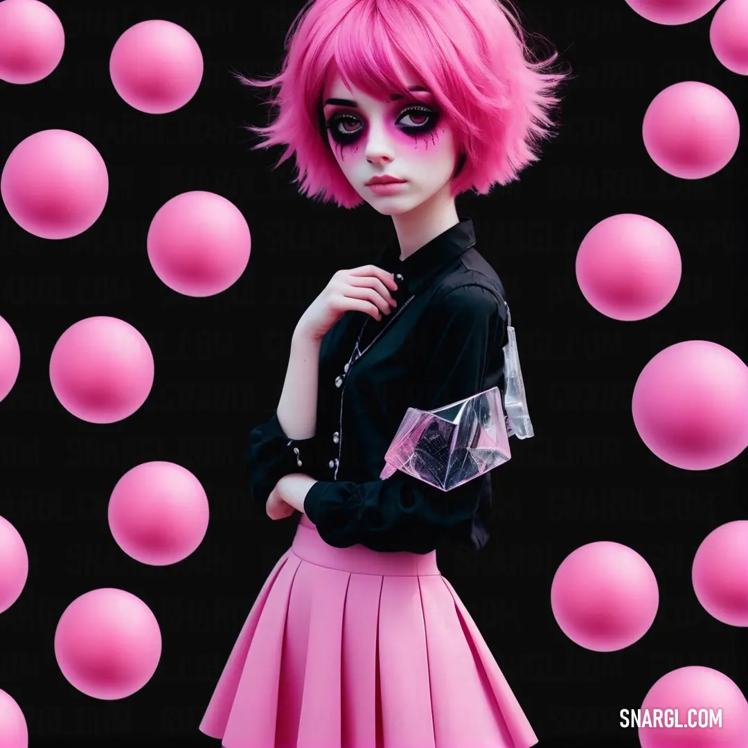 Woman with pink hair and black shirt and pink skirt standing in front of pink balls