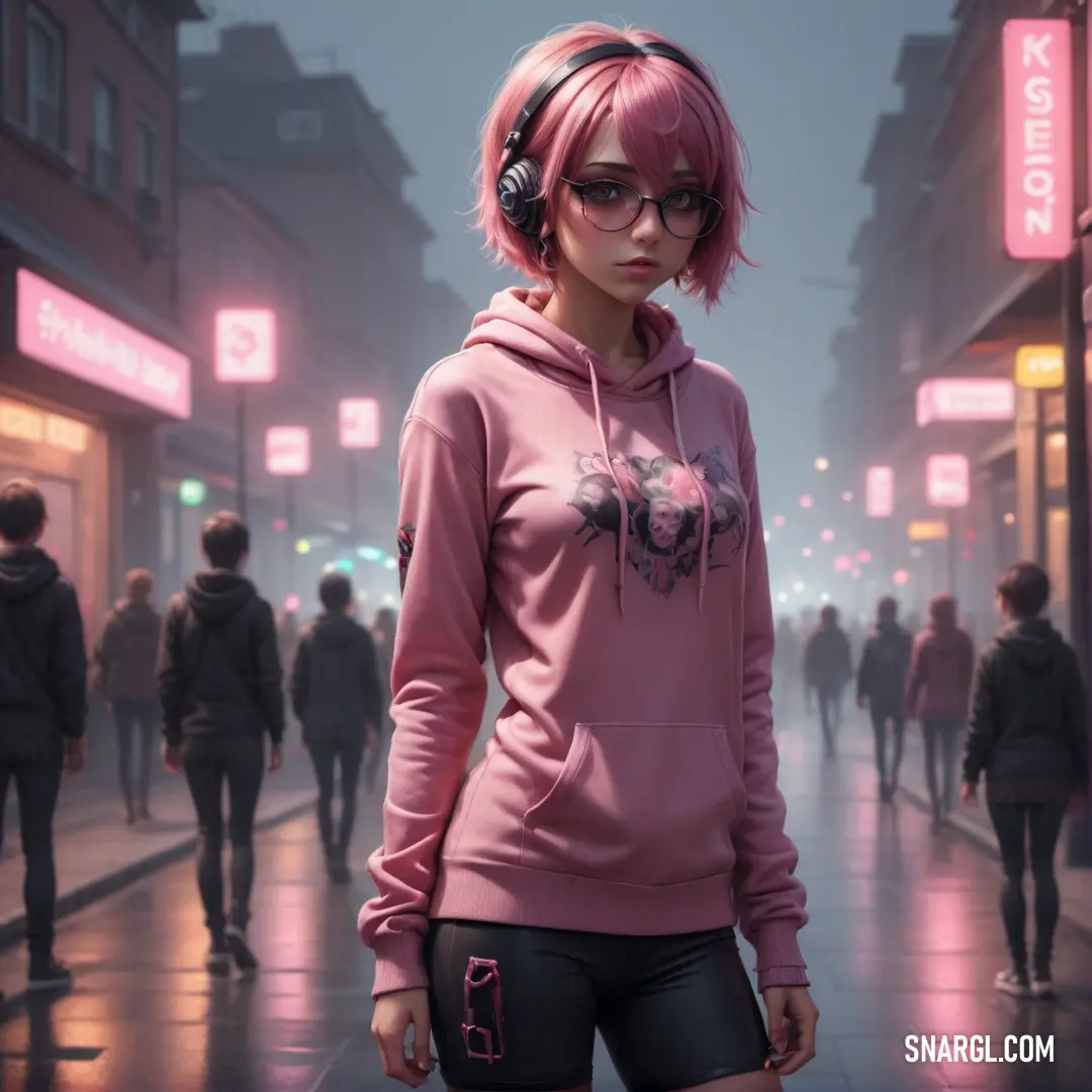 Woman with pink hair and headphones on a city street at night with people walking by and a neon sign