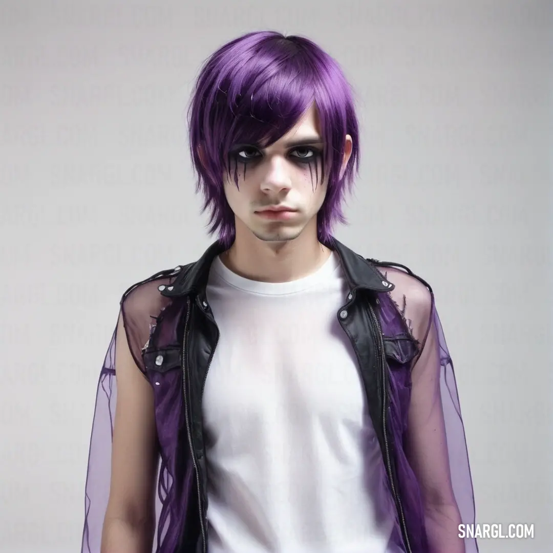 Woman with purple hair and black leather jacket on a white background