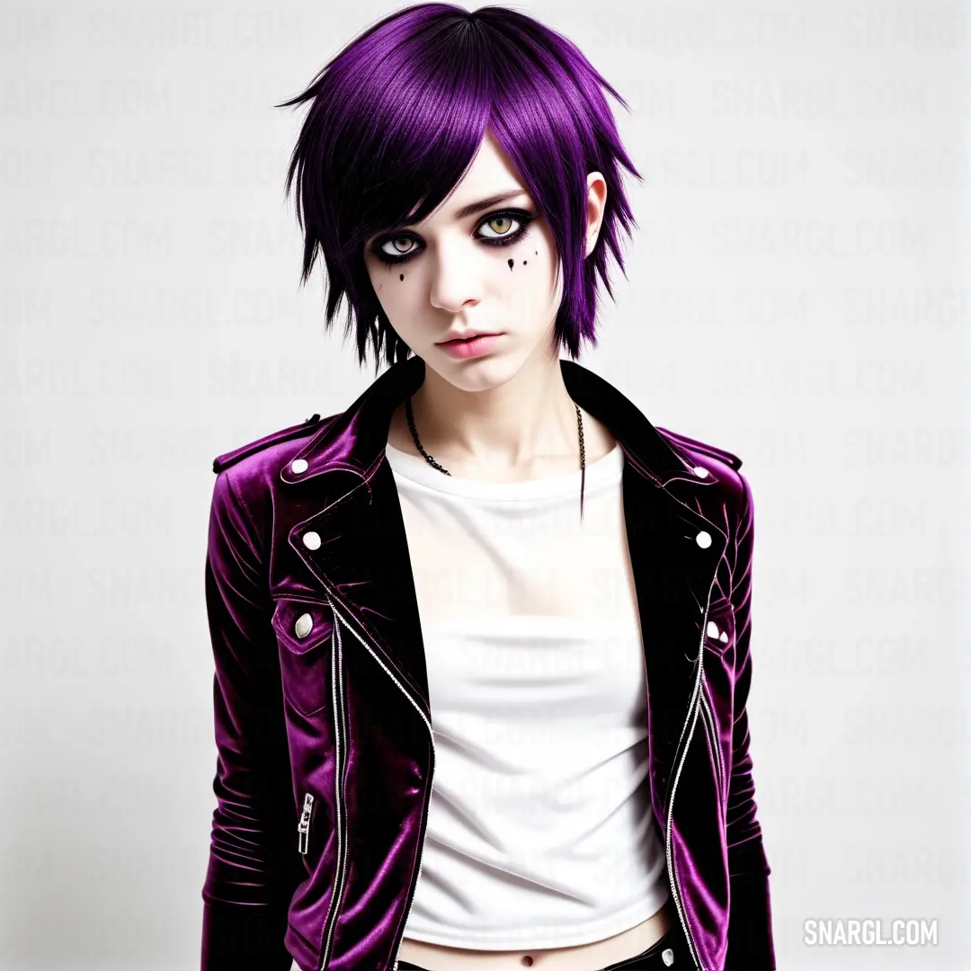 Woman with purple hair and a black jacket on posing for a picture with her hands in her pockets