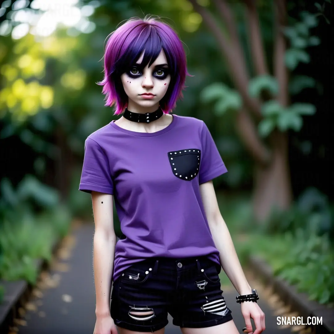 Woman with purple hair and black eye makeup wearing a purple shirt and black shorts