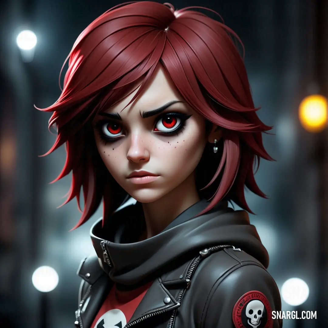 Woman with red hair and black eyes wearing a leather jacket and skull earrings