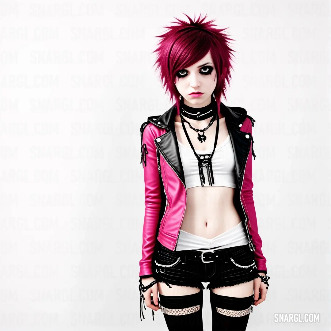 Woman with red hair and black clothes posing for a picture with a white background