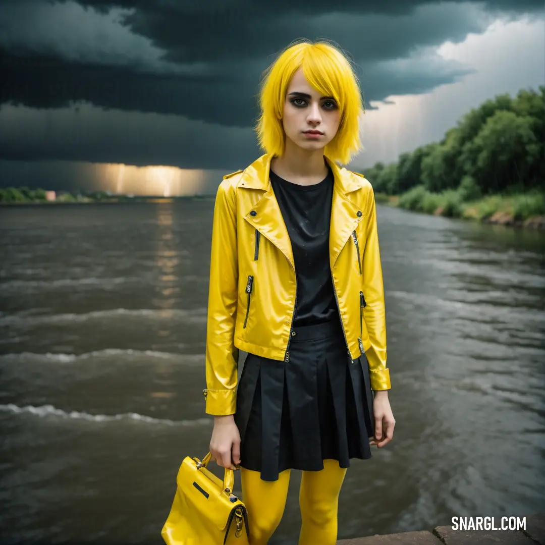 Woman with yellow hair and a yellow jacket is standing near a river with a yellow purse
