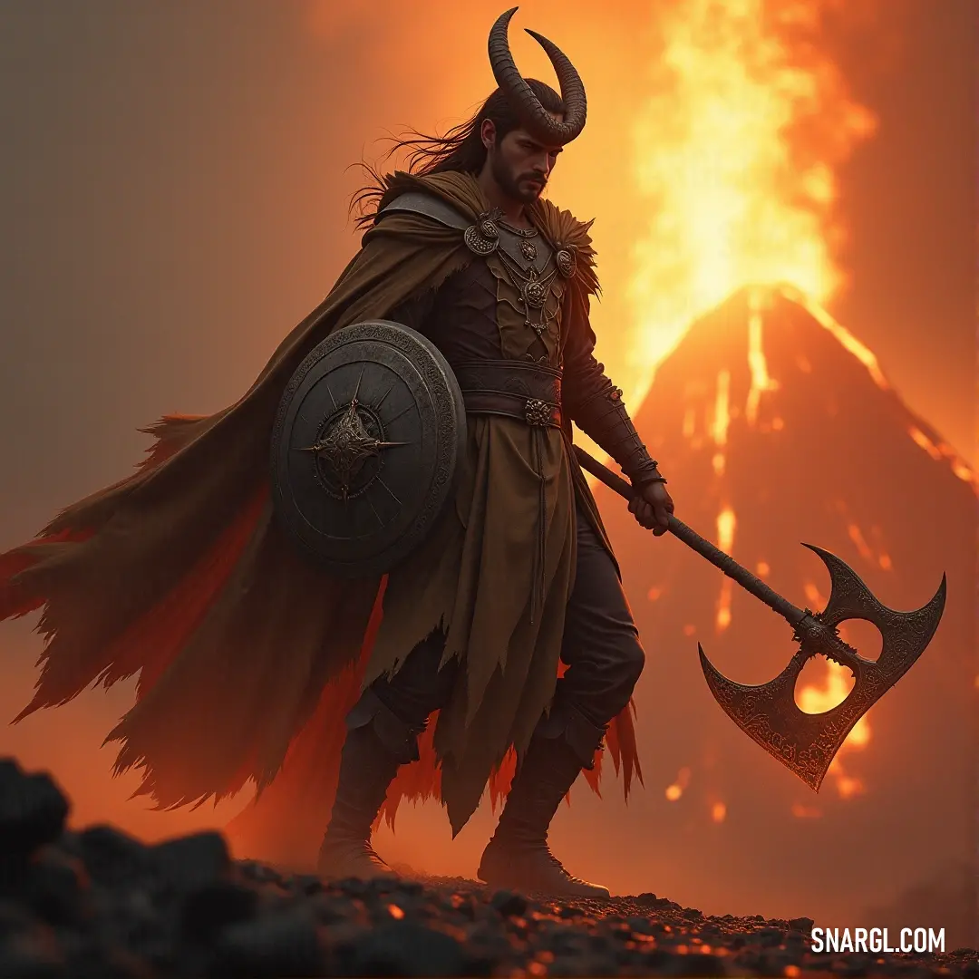 A fierce figure dressed in a horned costume, gripping a mighty axe and shield, stands defiantly before a mountain ablaze with fire. The heat of the flames mirrors the intensity of their battle-ready stance.