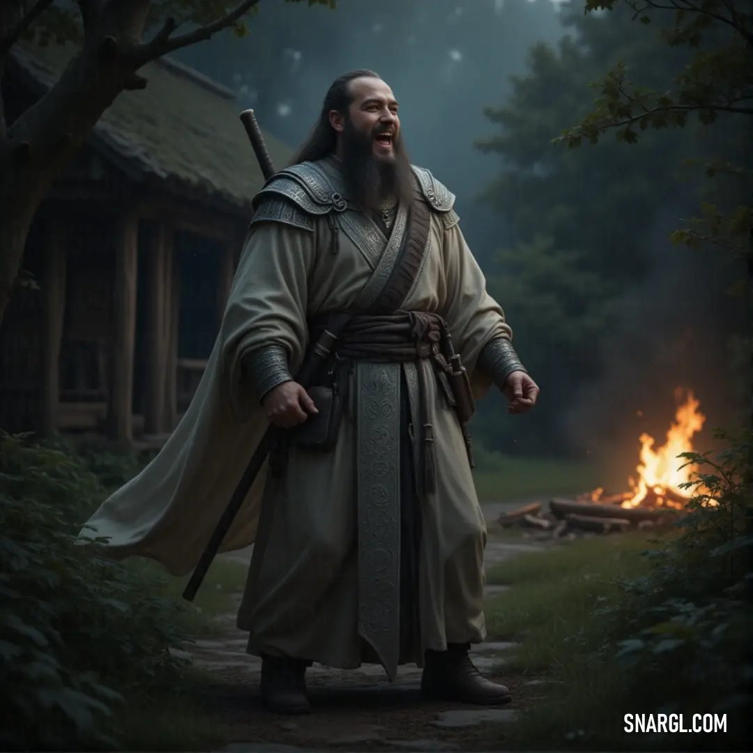 A hooded figure in robes stands bravely by a roaring fire in a forest, the flickering flames casting shadows over an old house in the distance. A powerful figure, clad in robes, stands before a blazing fire pit in the heart of a darkened forest. Flames flicker as shadows dance across their face, and an old house stands faintly visible through the smoky haze.