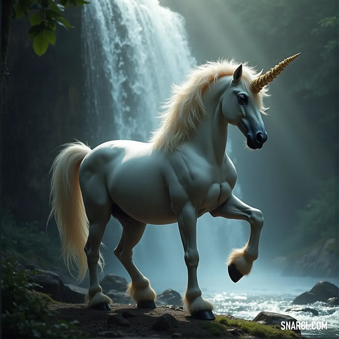 The White Enchanted Unicorn stands in front of a stunning waterfall, its mane flowing gently as water cascades in the background, creating a mesmerizing scene of natural beauty and magical presence.