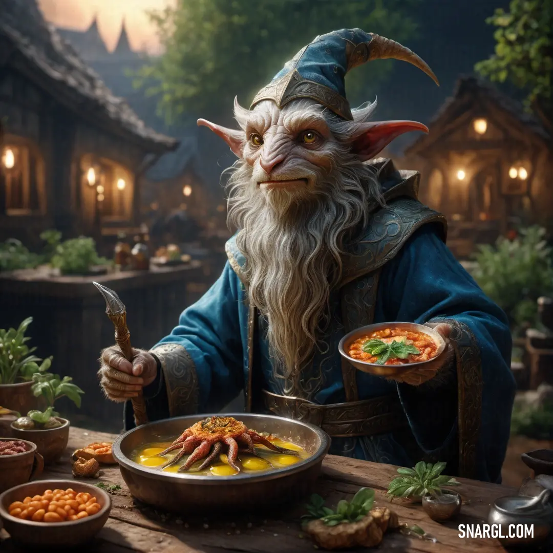 Enchanter dressed as an elf holding a knife and fork in front of a bowl of food on a table